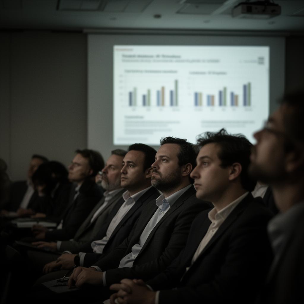A boardroom audience watching a data-heavy presentation
